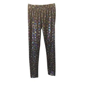 Women Mermaid Holographic Fish Scale Shiny Rave Festival Leggings Small Metallic